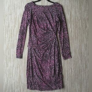 Karen Kane Long Sleeve Dress Ruched Waist Geometric Pattern Medium